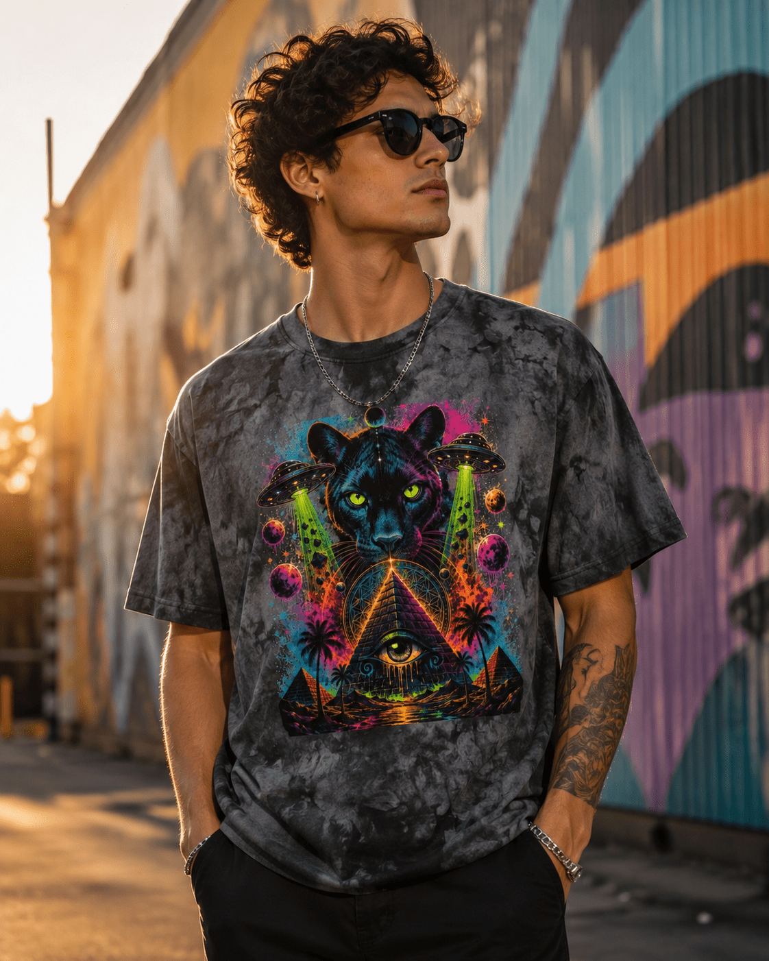 Psychedelic Black Panther Tie-Dye Tee — Mystic Pyramid & All-Seeing Eye Graphic