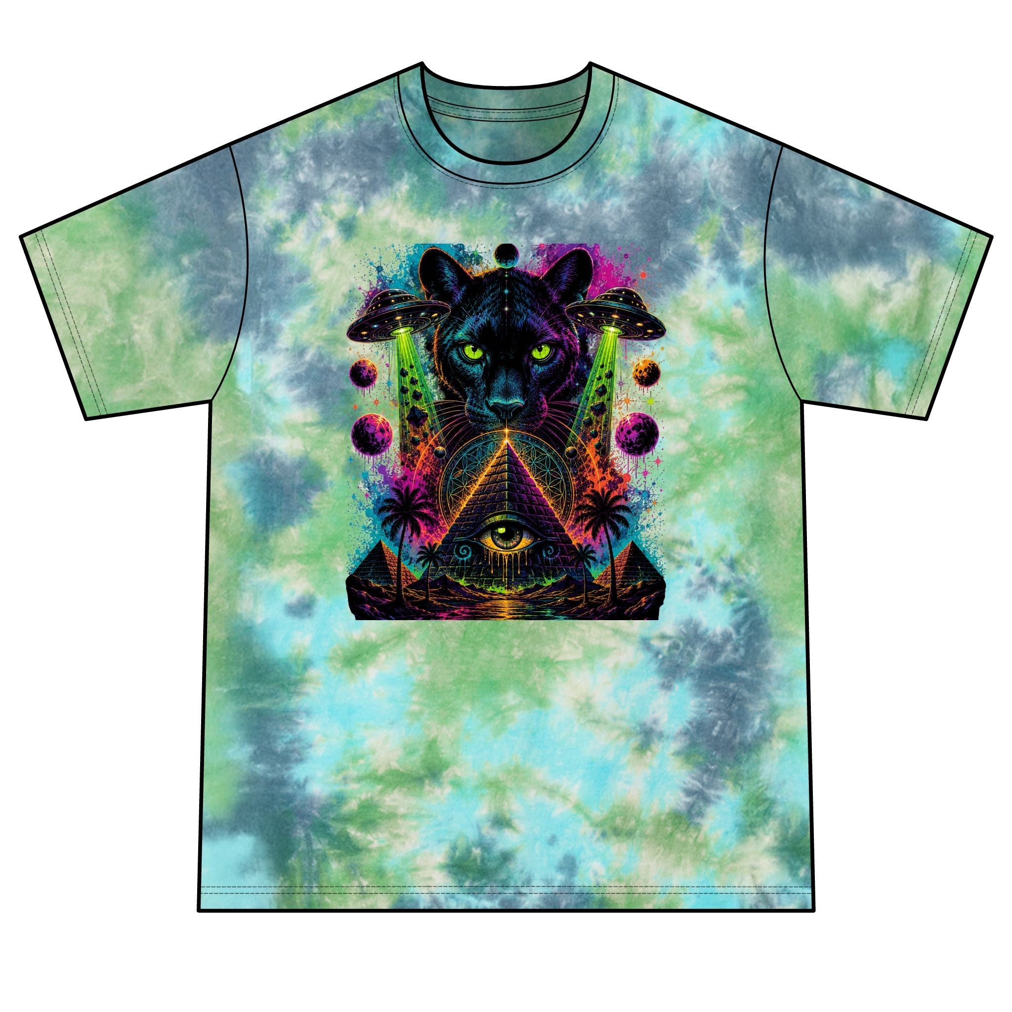 Psychedelic Black Panther Tie-Dye Tee — Mystic Pyramid & All-Seeing Eye Graphic