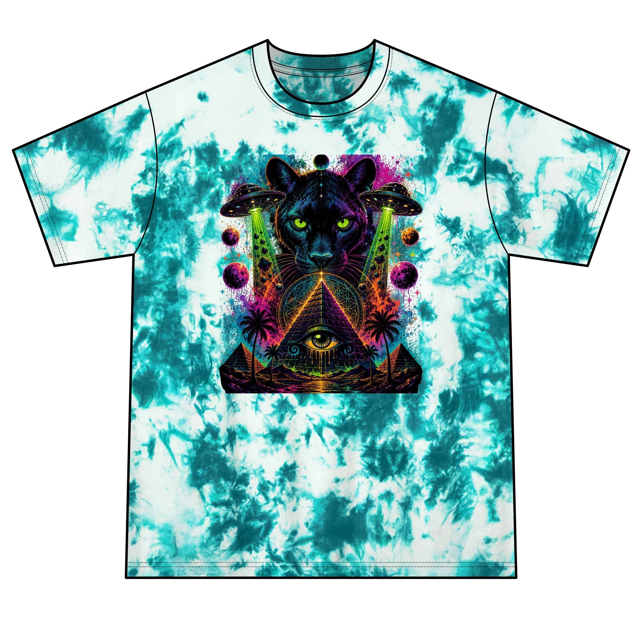 Psychedelic Black Panther Tie-Dye Tee — Mystic Pyramid & All-Seeing Eye Graphic