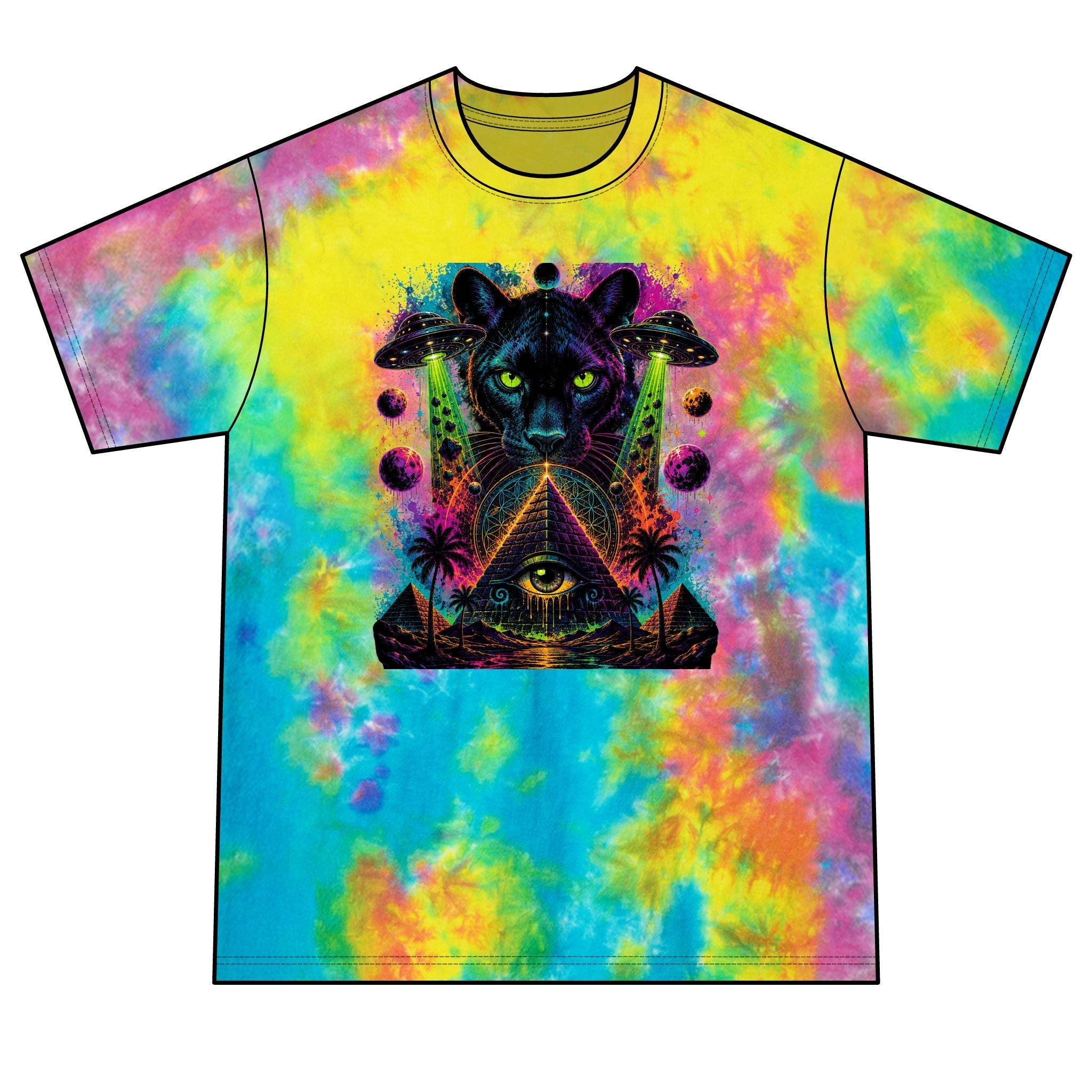 Psychedelic Black Panther Tie-Dye Tee — Mystic Pyramid & All-Seeing Eye Graphic