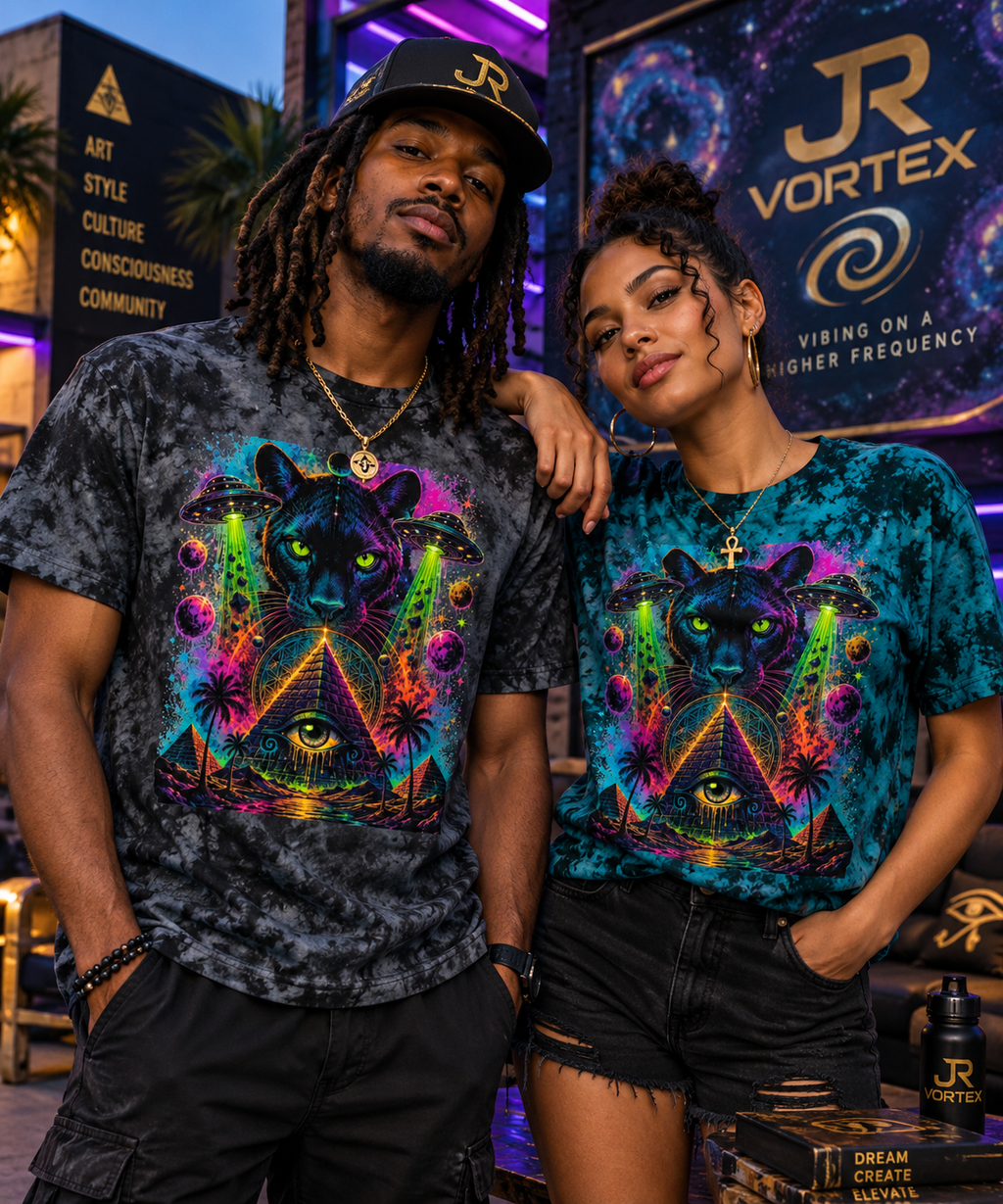 Psychedelic Black Panther Tie-Dye Tee — Mystic Pyramid & All-Seeing Eye Graphic