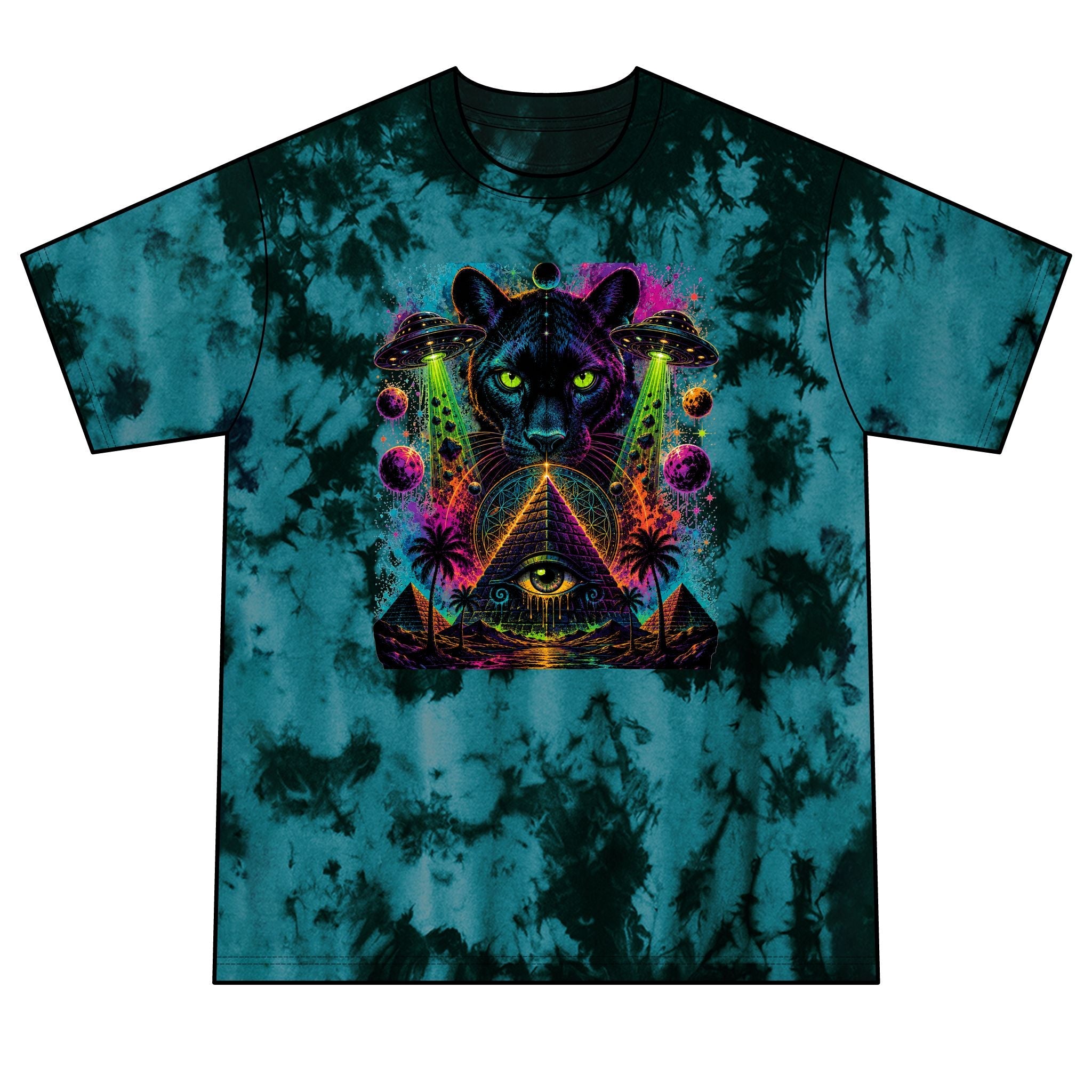 Psychedelic Black Panther Tie-Dye Tee — Mystic Pyramid & All-Seeing Eye Graphic