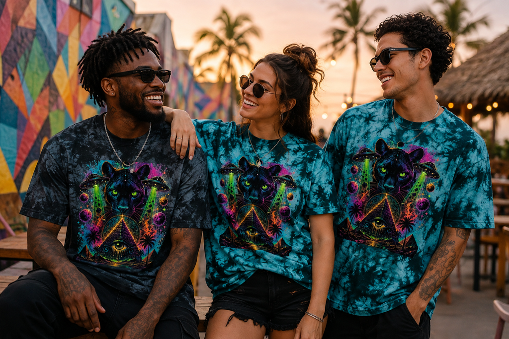Psychedelic Black Panther Tie-Dye Tee — Mystic Pyramid & All-Seeing Eye Graphic