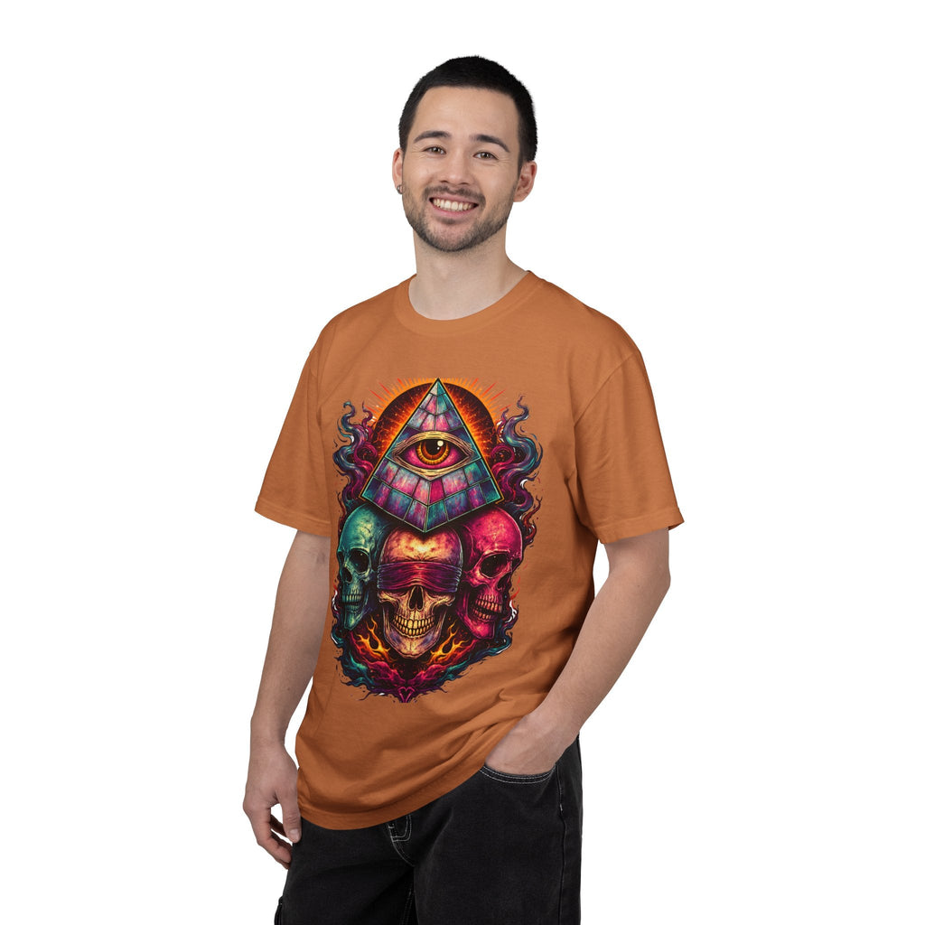 T-Shirt — Psychedelic All-Seeing Eye & Triple Skulls Graphic.       💀 i got make tags for for this Printify