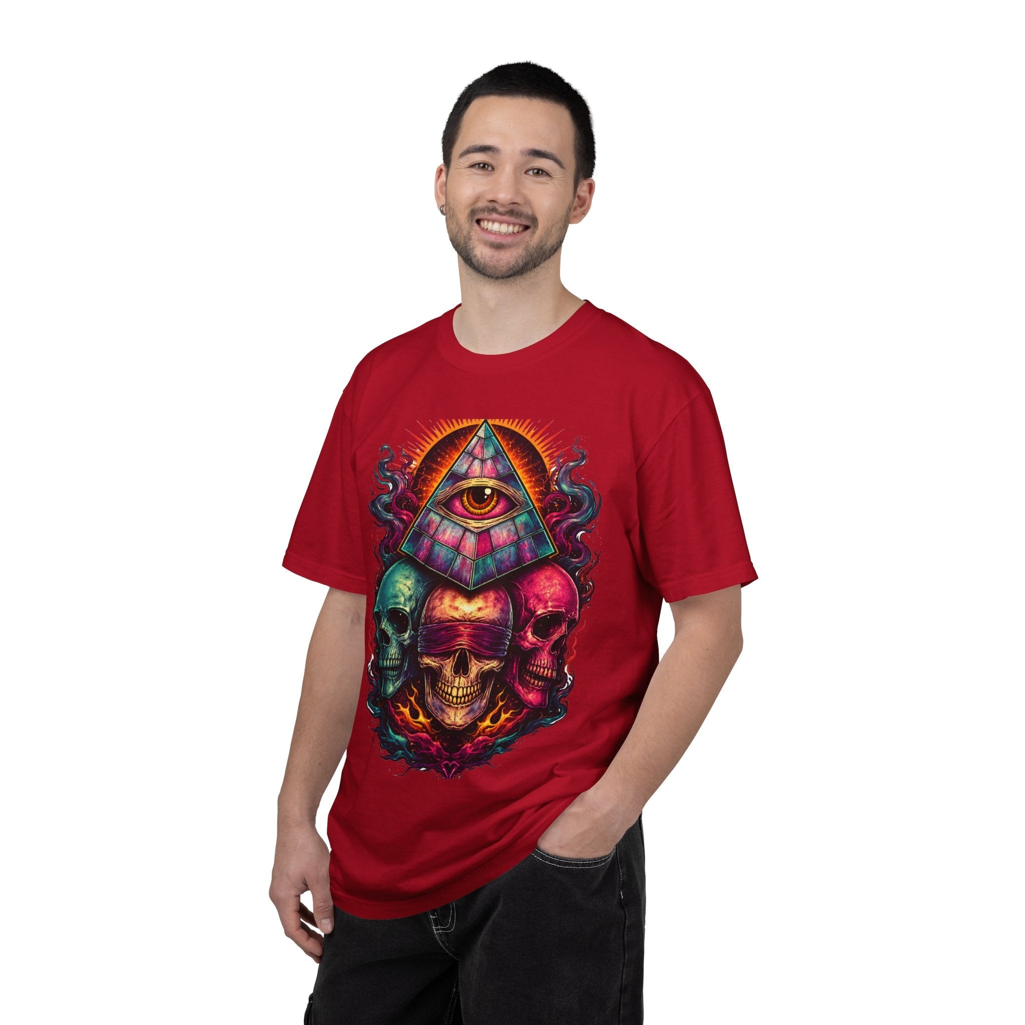 T-Shirt — Psychedelic All-Seeing Eye & Triple Skulls Graphic.       💀 i got make tags for for this Printify
