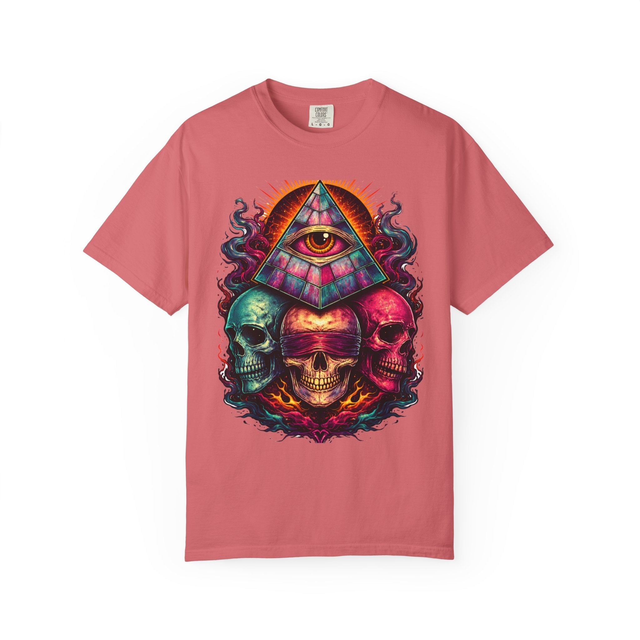 T-Shirt — Psychedelic All-Seeing Eye & Triple Skulls Graphic.       💀 i got make tags for for this Printify