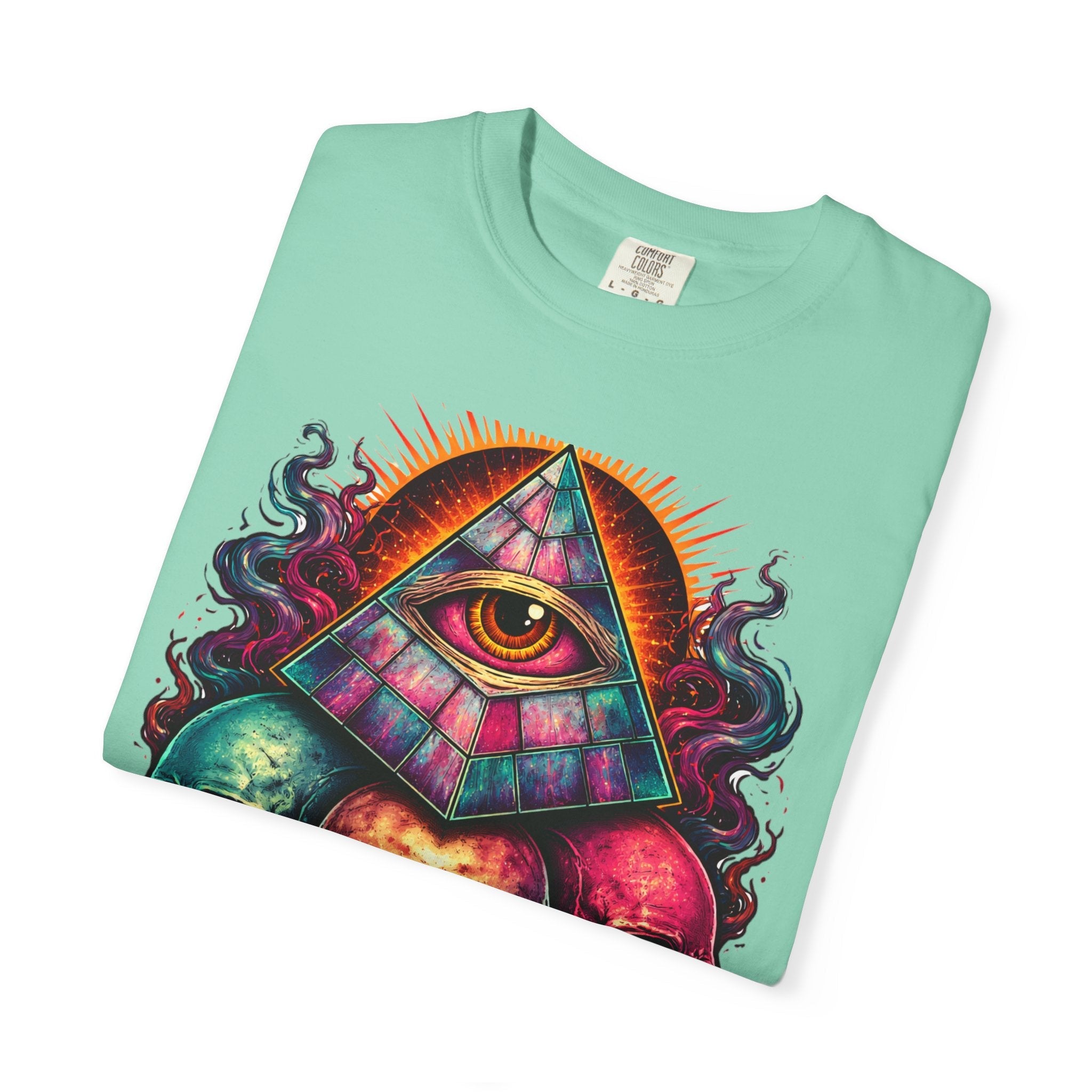 T-Shirt — Psychedelic All-Seeing Eye & Triple Skulls Graphic.       💀 i got make tags for for this Printify