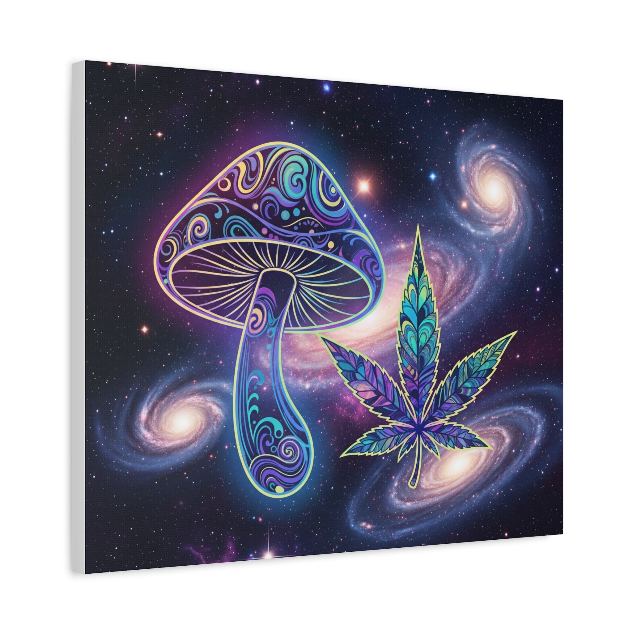 Psychedelic Mushroom & Cannabis Space Canvas Print — Trippy Galaxy Wall Art Printify