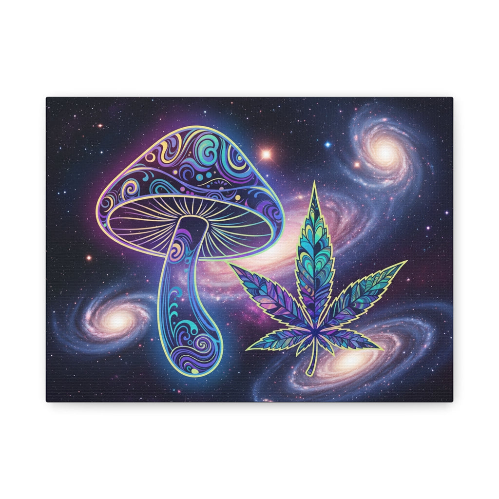 Psychedelic Mushroom & Cannabis Space Canvas Print — Trippy Galaxy Wall Art Printify