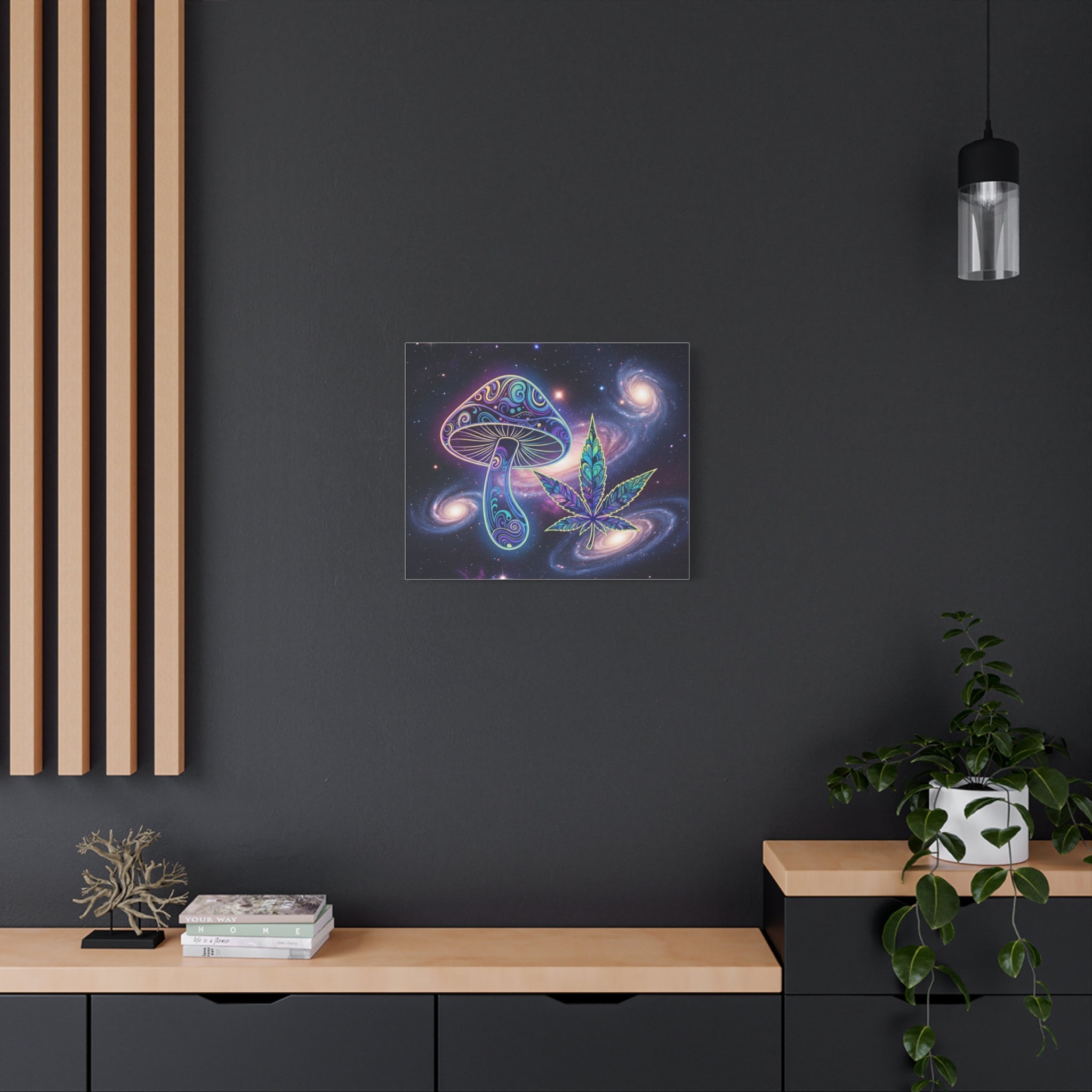 Psychedelic Mushroom & Cannabis Space Canvas Print — Trippy Galaxy Wall Art Printify