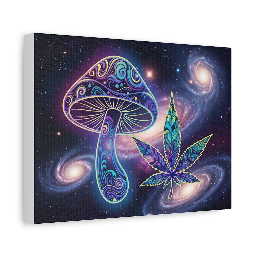 Psychedelic Mushroom & Cannabis Space Canvas Print — Trippy Galaxy Wall Art Printify