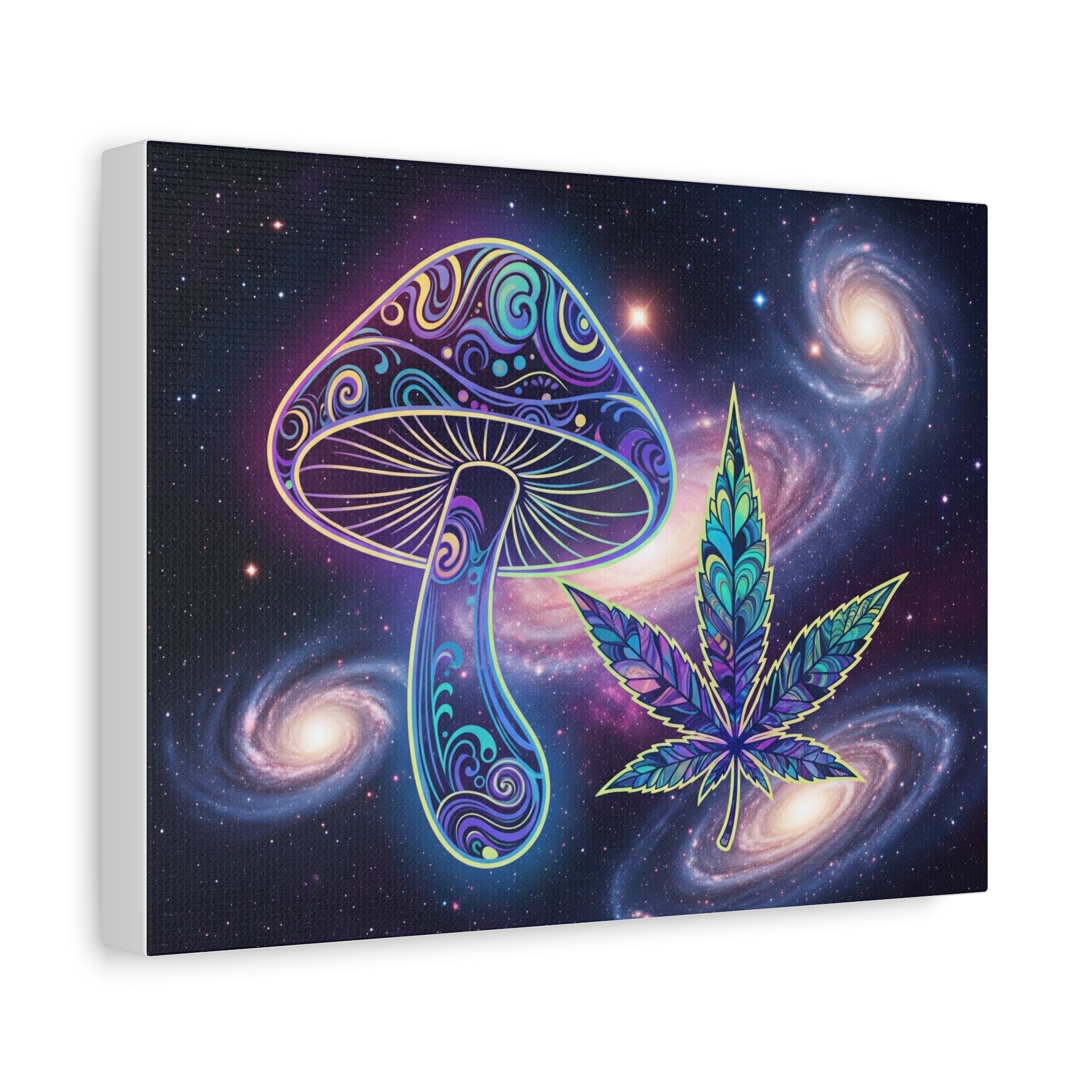Psychedelic Mushroom & Cannabis Space Canvas Print — Trippy Galaxy Wall Art Printify
