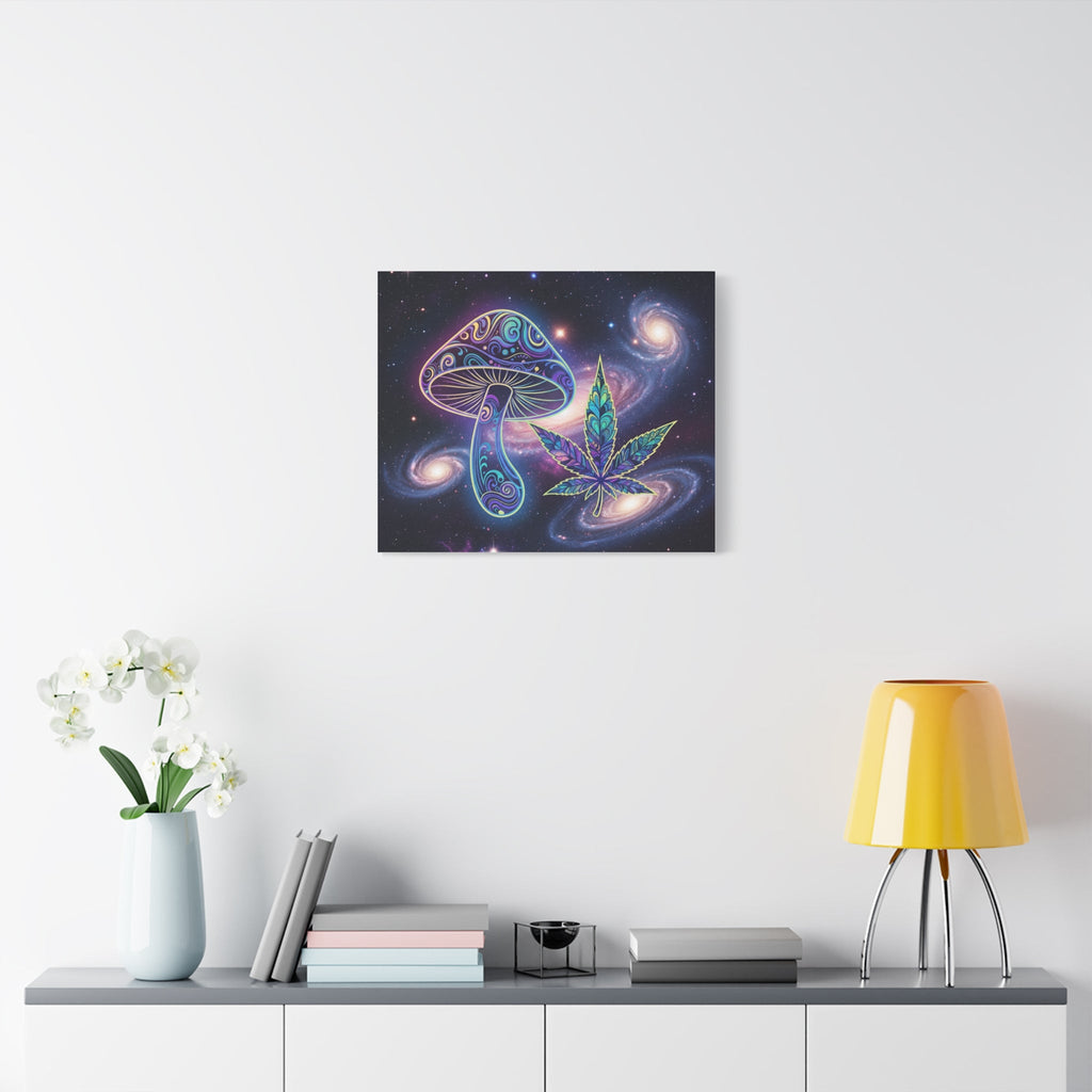 Psychedelic Mushroom & Cannabis Space Canvas Print — Trippy Galaxy Wall Art Printify