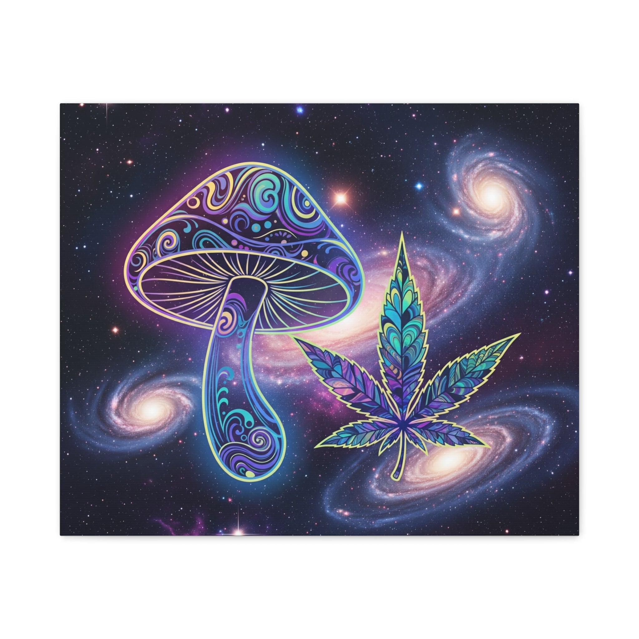 Psychedelic Mushroom & Cannabis Space Canvas Print — Trippy Galaxy Wall Art Printify