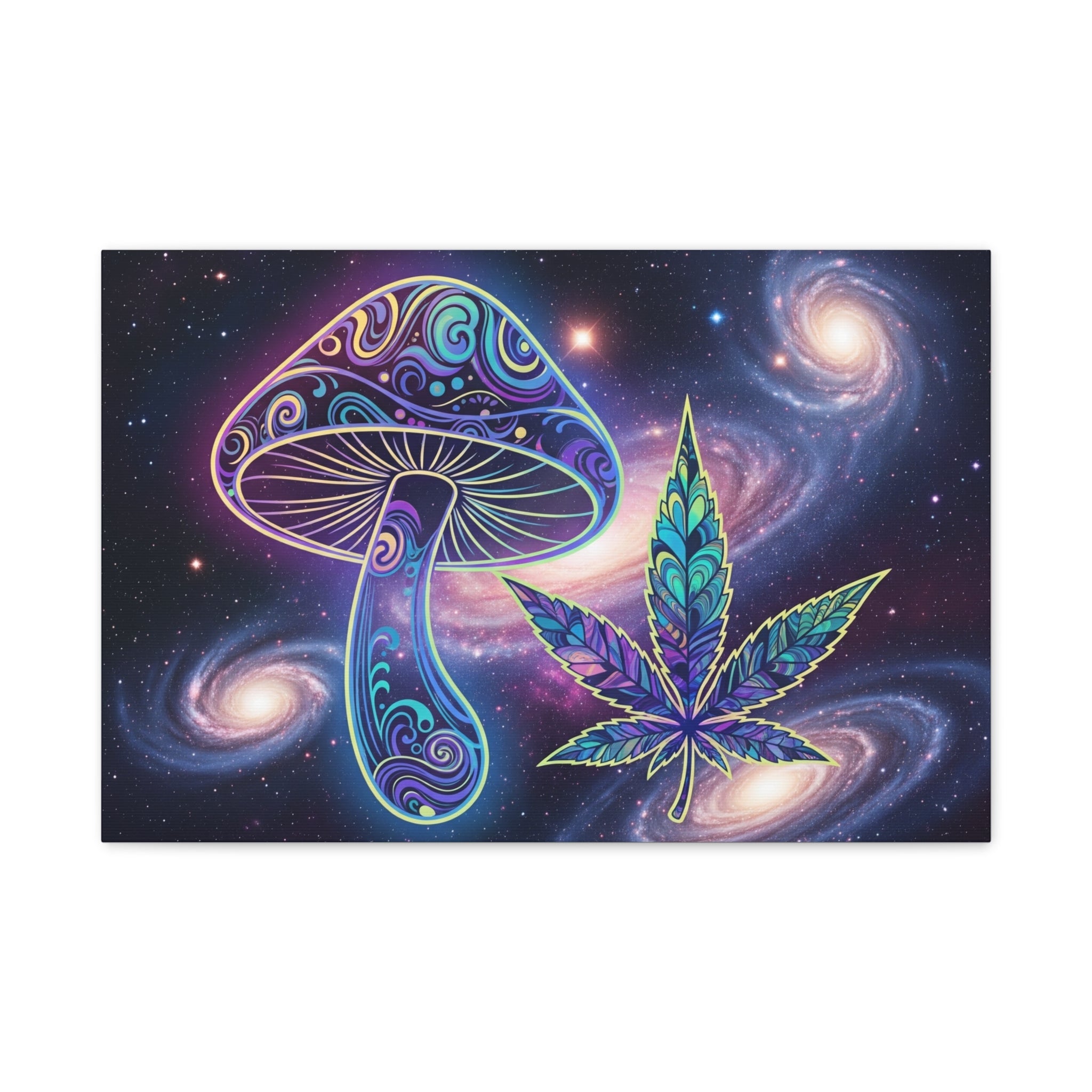 Psychedelic Mushroom & Cannabis Space Canvas Print — Trippy Galaxy Wall Art Printify