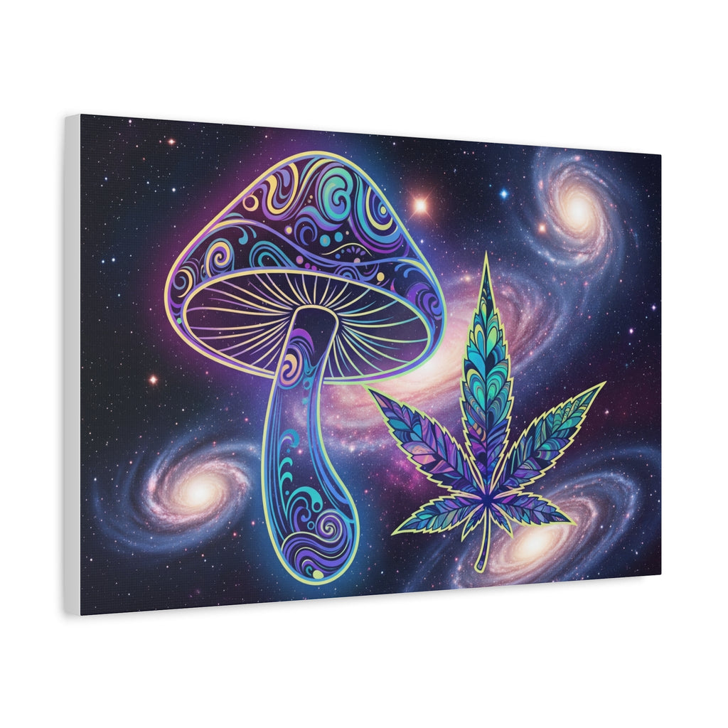 Psychedelic Mushroom & Cannabis Space Canvas Print — Trippy Galaxy Wall Art Printify