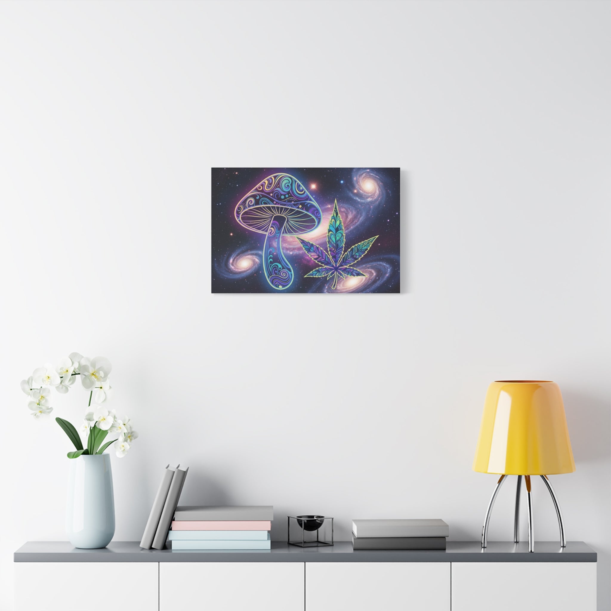 Psychedelic Mushroom & Cannabis Space Canvas Print — Trippy Galaxy Wall Art Printify