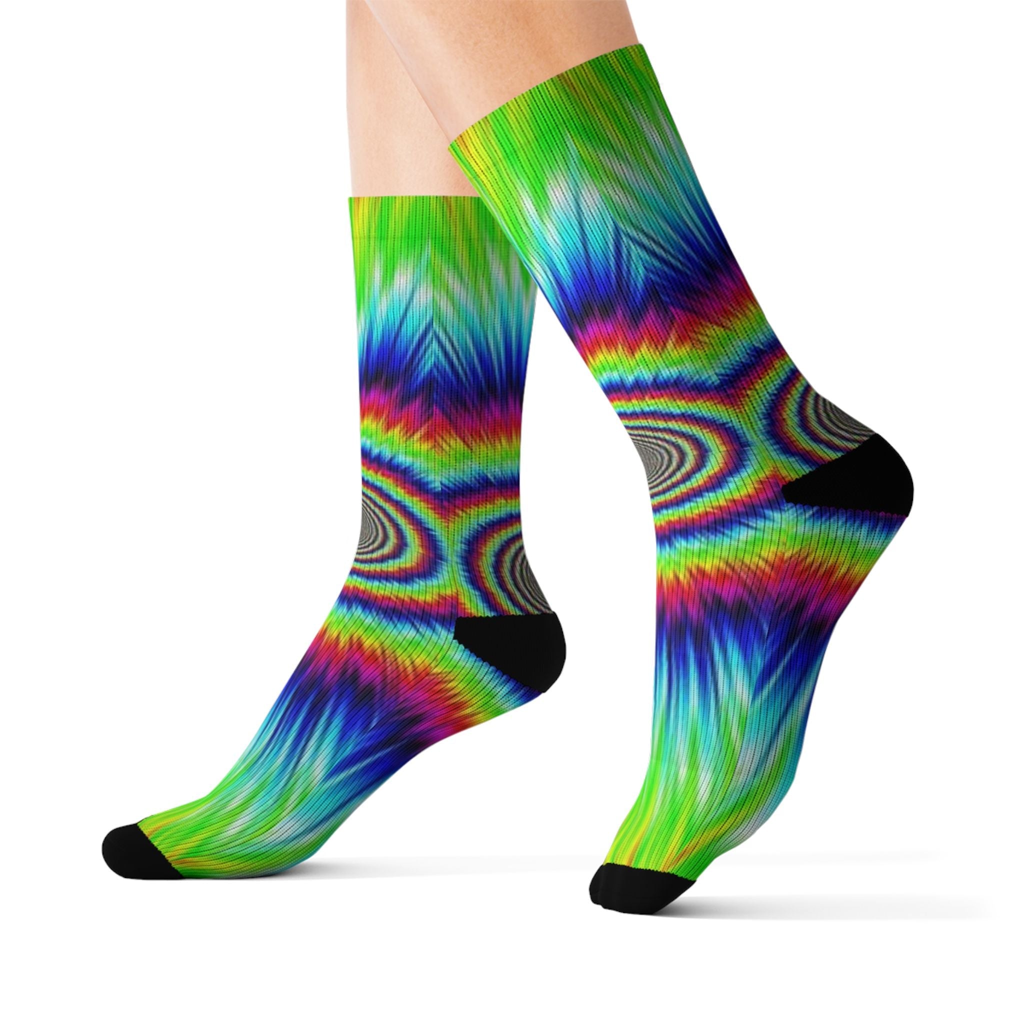 Psychedelic Tie-Dye Sublimation Socks — Rainbow Optical Wave Crew Socks