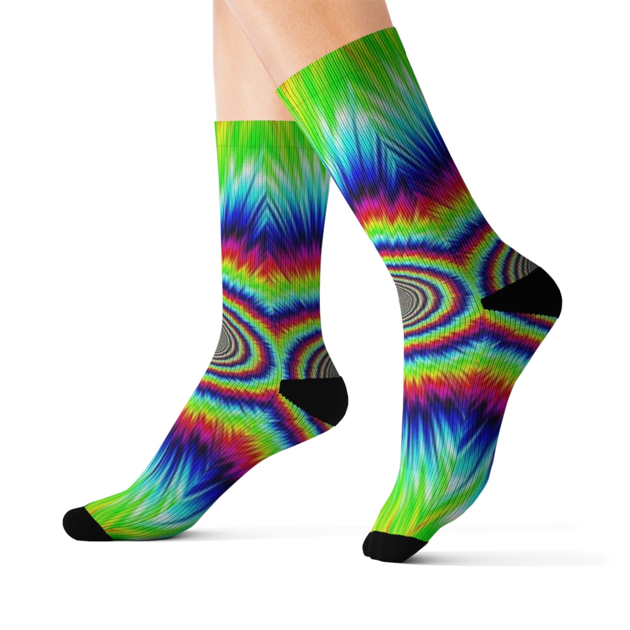 Psychedelic Tie-Dye Sublimation Socks — Rainbow Optical Wave Crew Socks