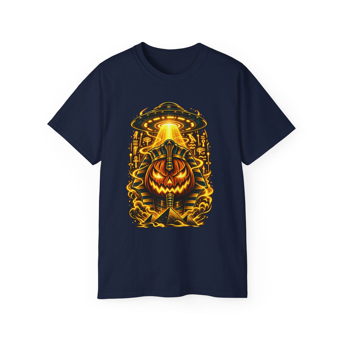 Pumpkin Pharaoh Halloween Tee — Jack-o'-Lantern Alien Mummy Graphic Shirt