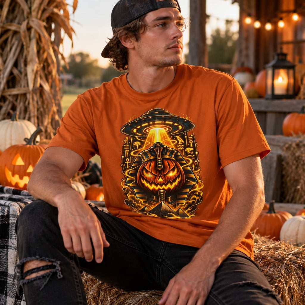 Pumpkin Pharaoh Halloween Tee — Jack-o'-Lantern Alien Mummy Graphic Shirt