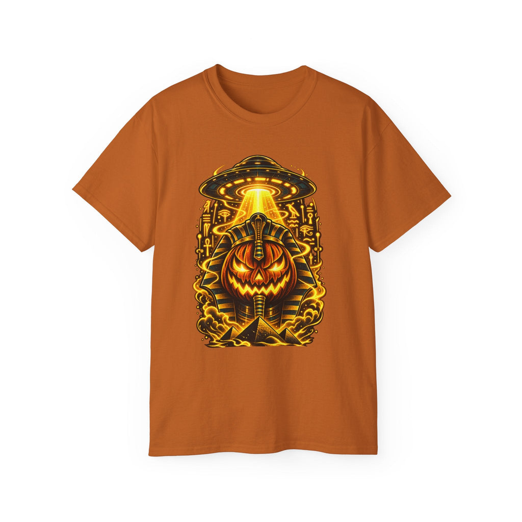 Pumpkin Pharaoh Halloween Tee — Jack-o'-Lantern Alien Mummy Graphic Shirt