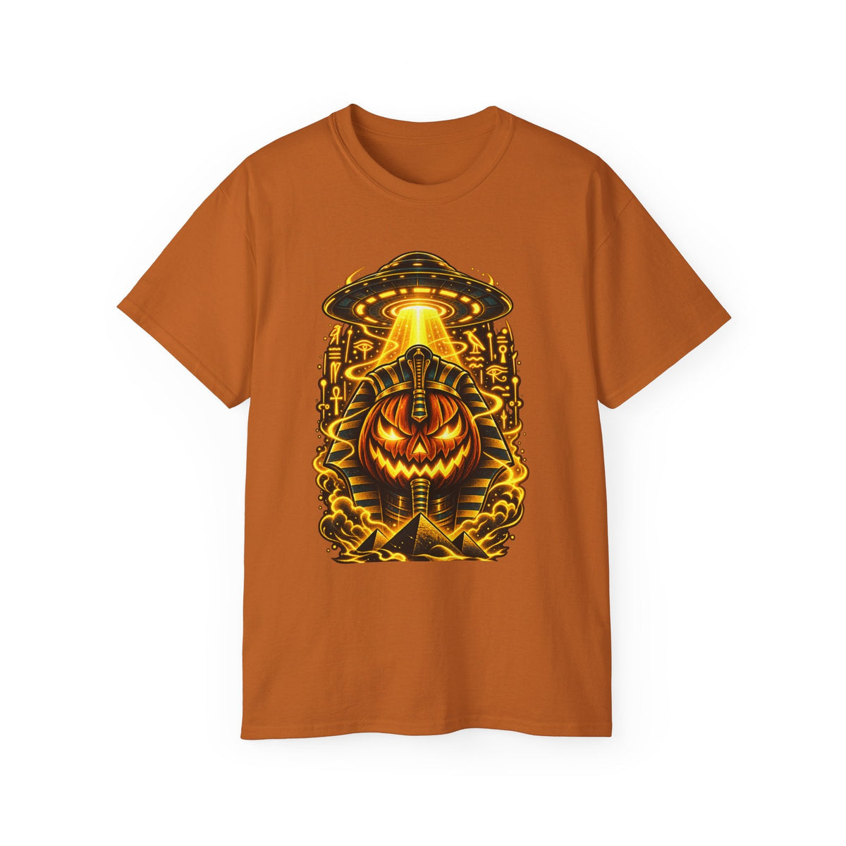 Pumpkin Pharaoh Halloween Tee — Jack-o'-Lantern Alien Mummy Graphic Shirt