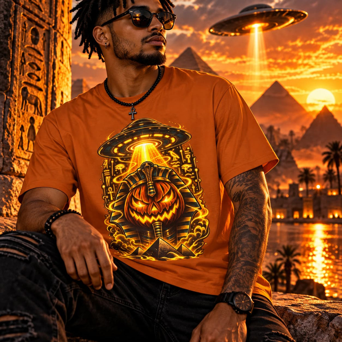 Pumpkin Pharaoh Halloween Tee — Jack-o'-Lantern Alien Mummy Graphic Shirt