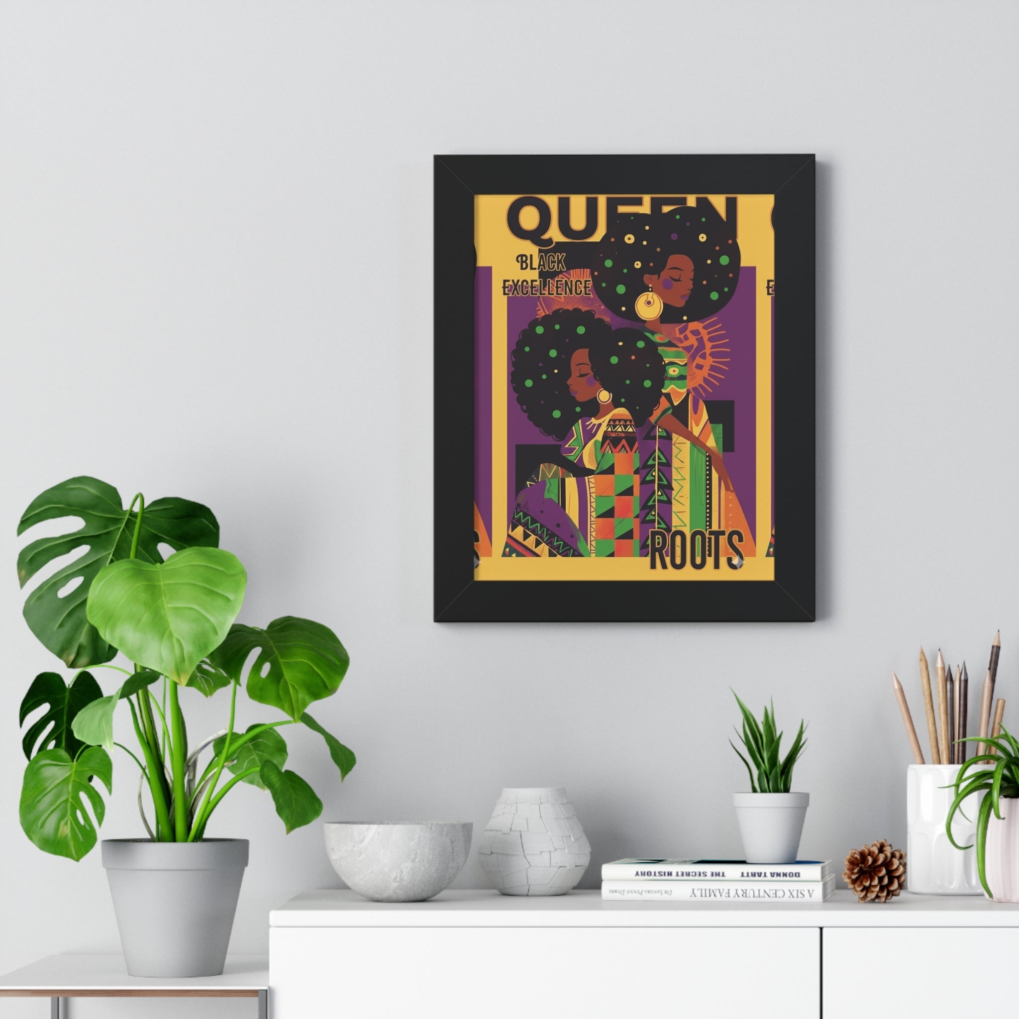 Queen Roots Framed Vertical Poster — Afrocentric Botanical Wall Art