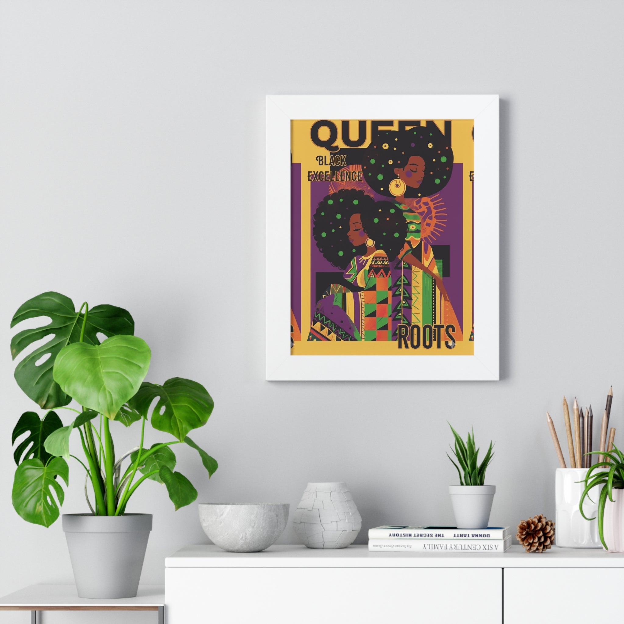 Queen Roots Framed Vertical Poster — Afrocentric Botanical Wall Art