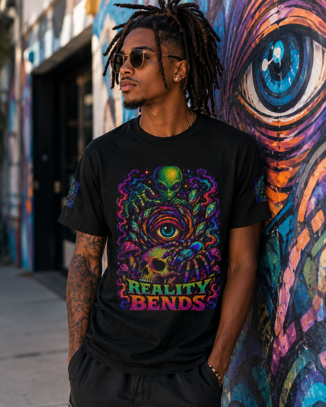 "Reality Bends" Alien Eye Crown Skull Graphic Tee