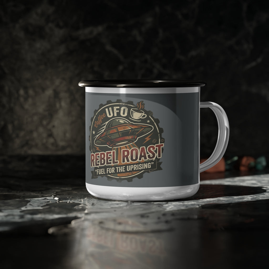 Rebel Roast Enamel Camp Cup — UFO Coffee 'Fuel for the Uprising' Printify