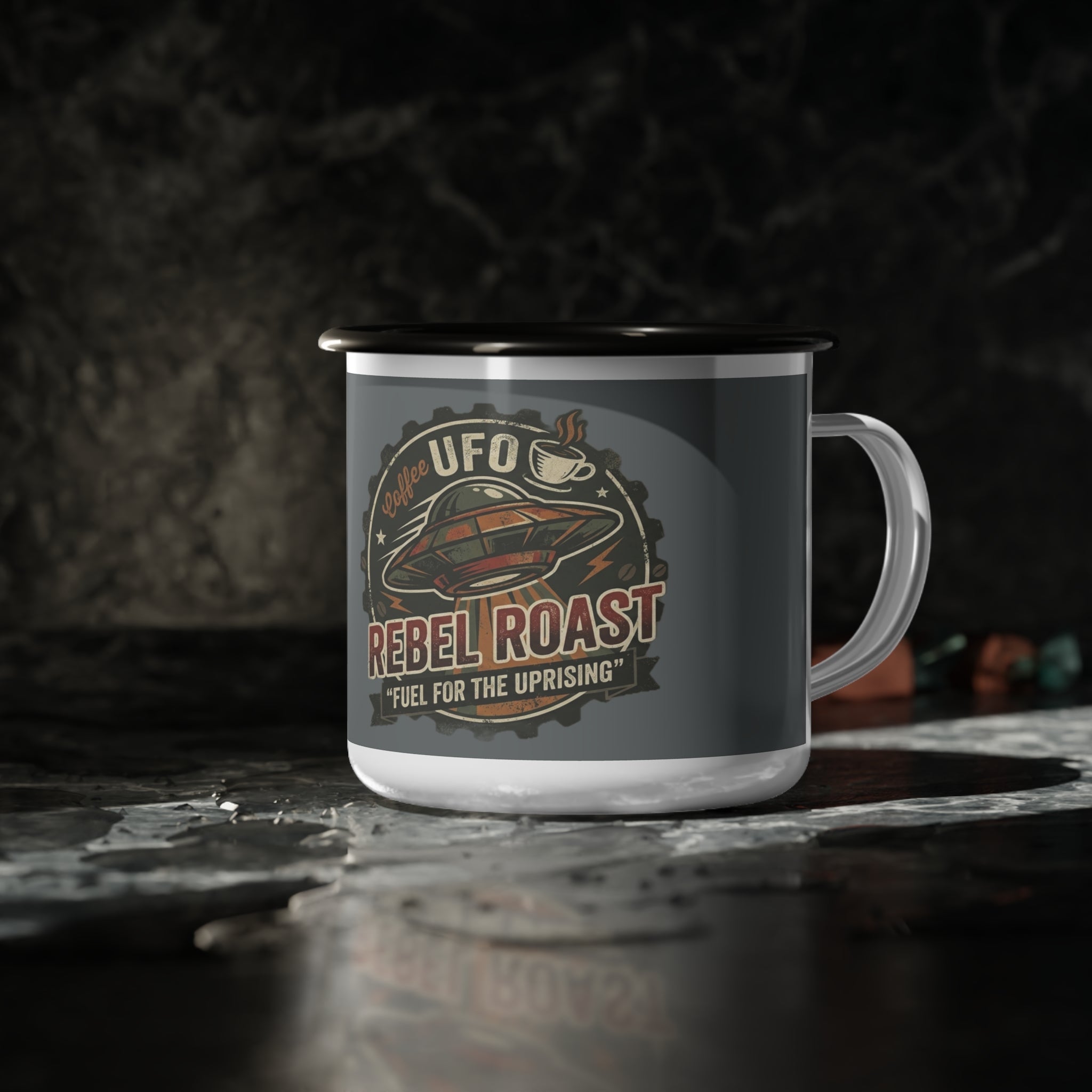 Rebel Roast Enamel Camp Cup — UFO Coffee 'Fuel for the Uprising' Printify