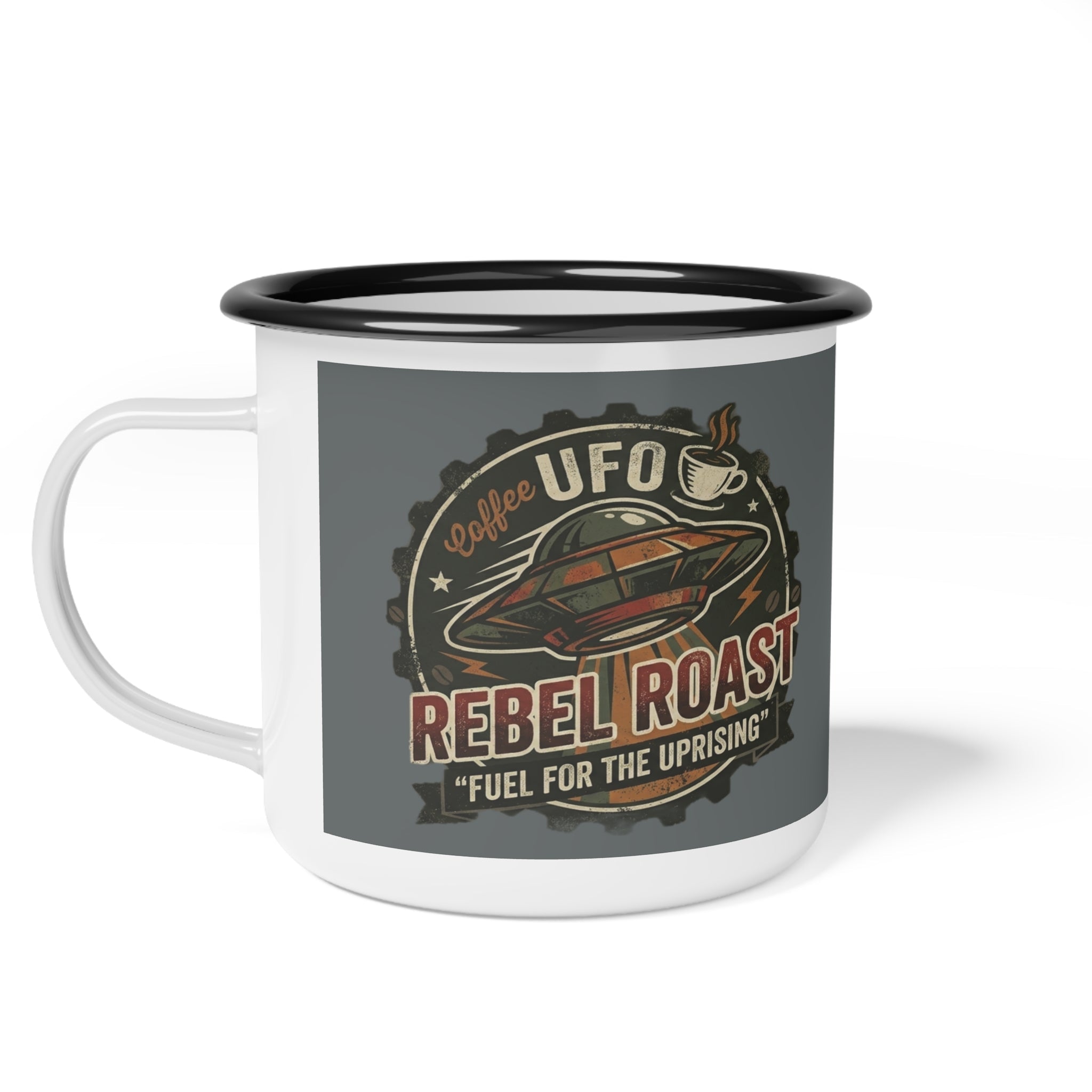 Rebel Roast Enamel Camp Cup — UFO Coffee 'Fuel for the Uprising' Printify