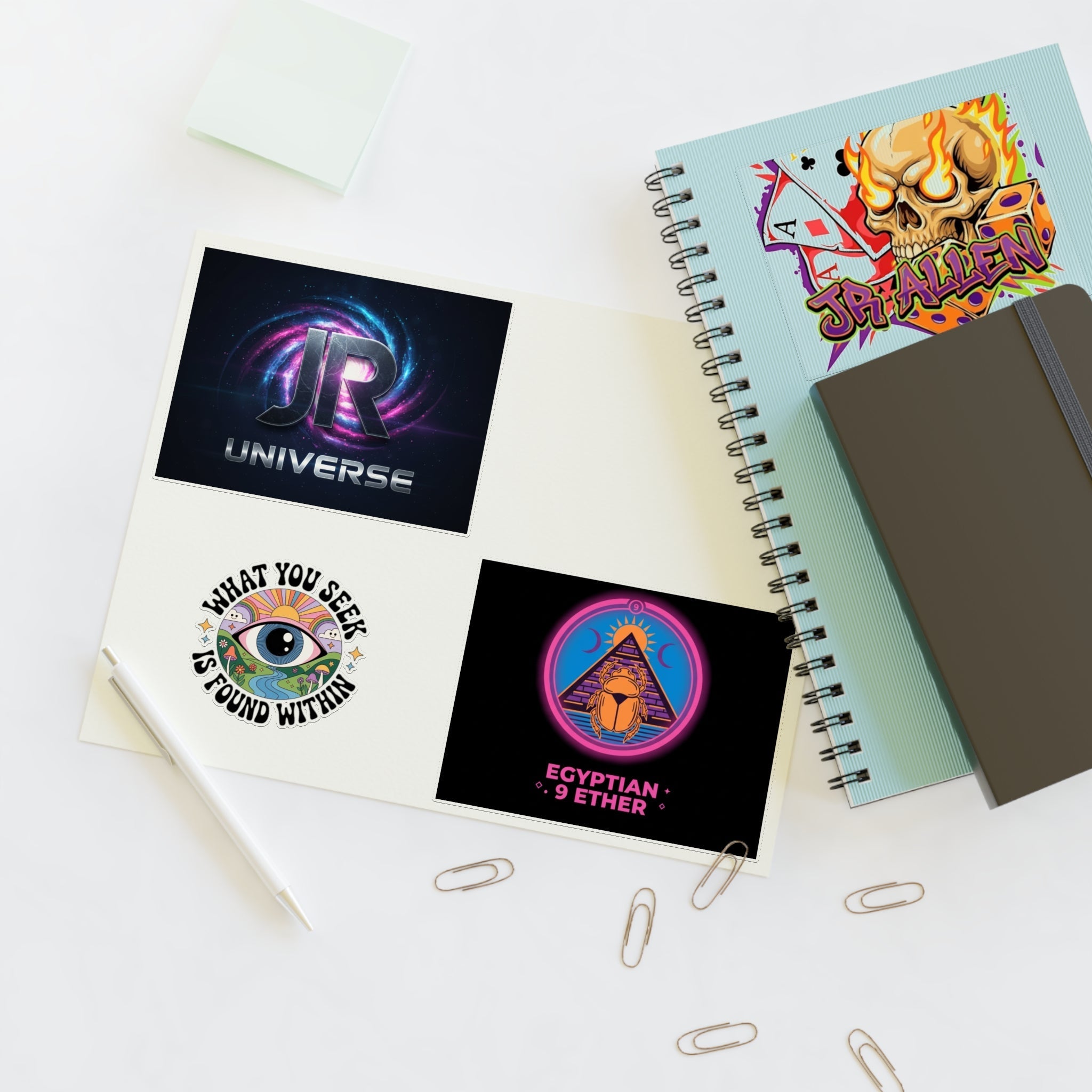 Retro Gamer & Mystic Sticker Sheet — Neon Skull, Egyptian Scarab & Inspiration Decals Printify