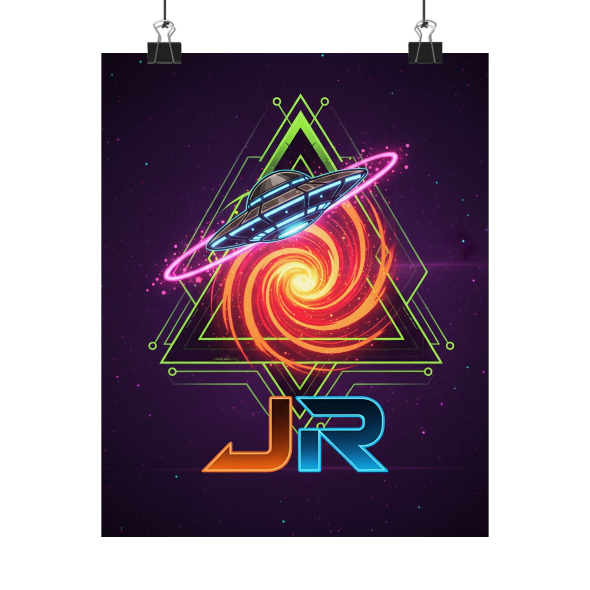 Retro Neon UFO Poster — JR Space Vortex Matte Vertical Poster
