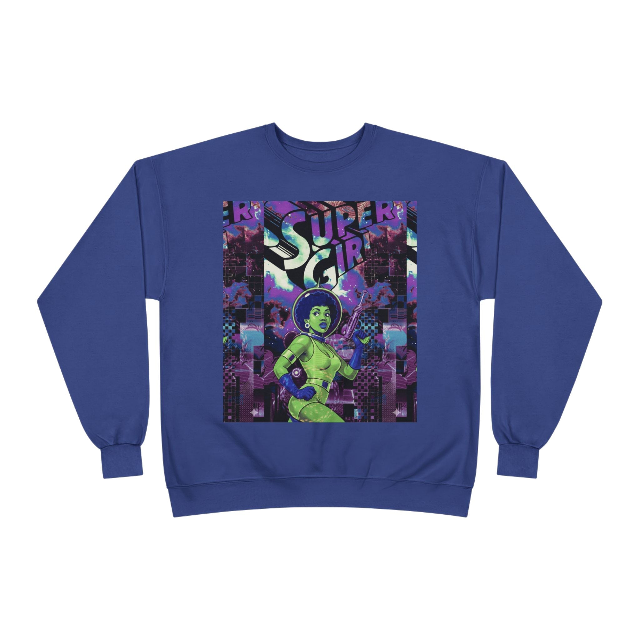Retro Sci‑Fi 'Supergirl' Graphic Sweatshirt — Neon Space Comic Crewneck