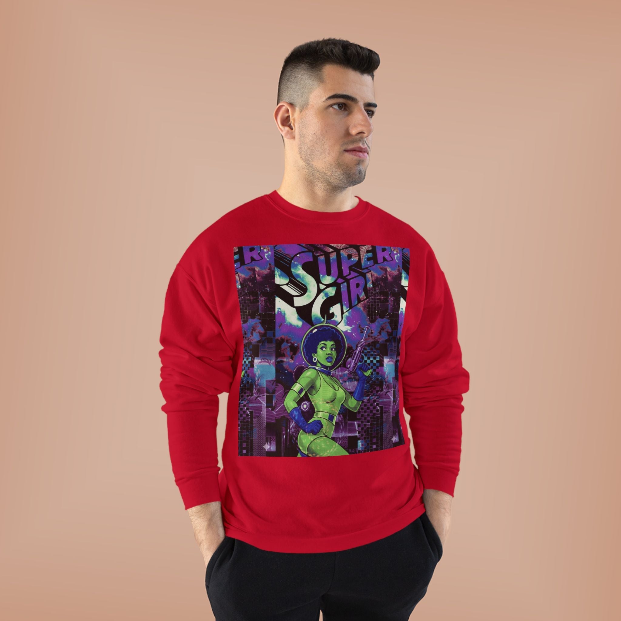 Retro Sci‑Fi 'Supergirl' Graphic Sweatshirt — Neon Space Comic Crewneck