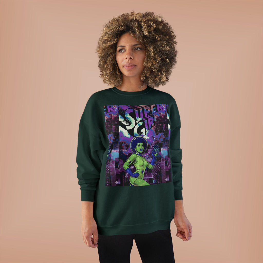 Retro Sci‑Fi 'Supergirl' Graphic Sweatshirt — Neon Space Comic Crewneck