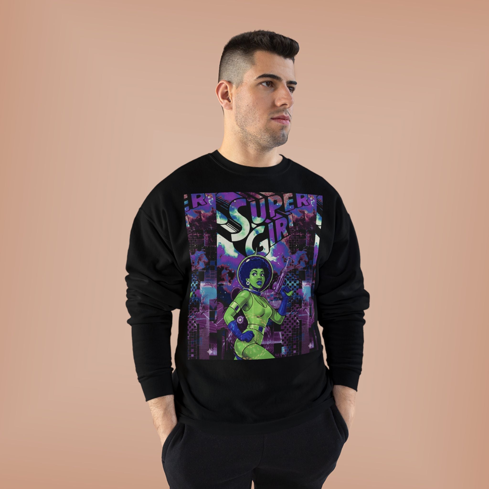 Retro Sci‑Fi 'Supergirl' Graphic Sweatshirt — Neon Space Comic Crewneck