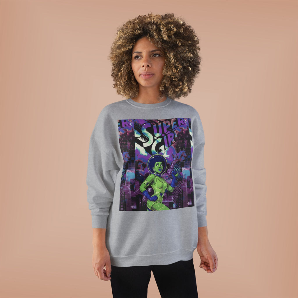 Retro Sci‑Fi 'Supergirl' Graphic Sweatshirt — Neon Space Comic Crewneck