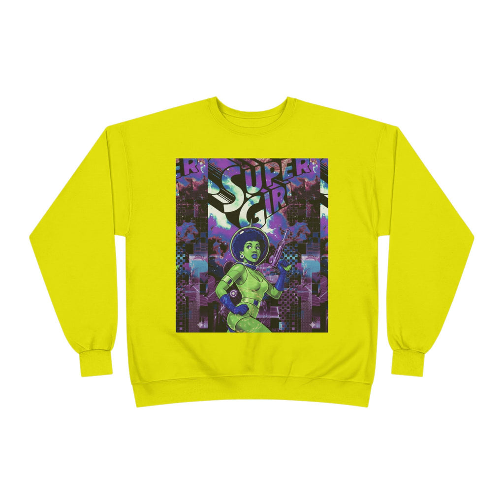 Retro Sci‑Fi 'Supergirl' Graphic Sweatshirt — Neon Space Comic Crewneck
