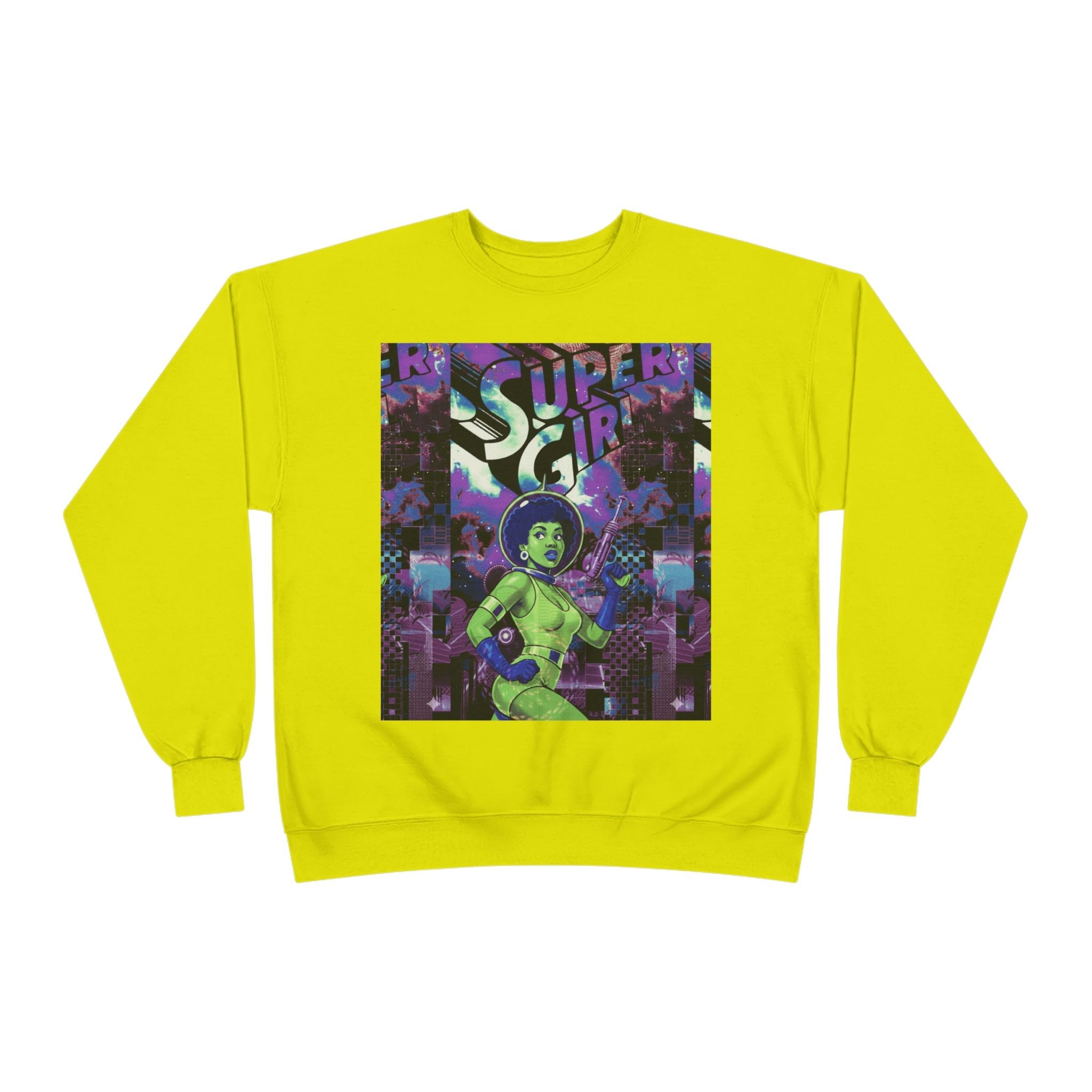 Retro Sci‑Fi 'Supergirl' Graphic Sweatshirt — Neon Space Comic Crewneck