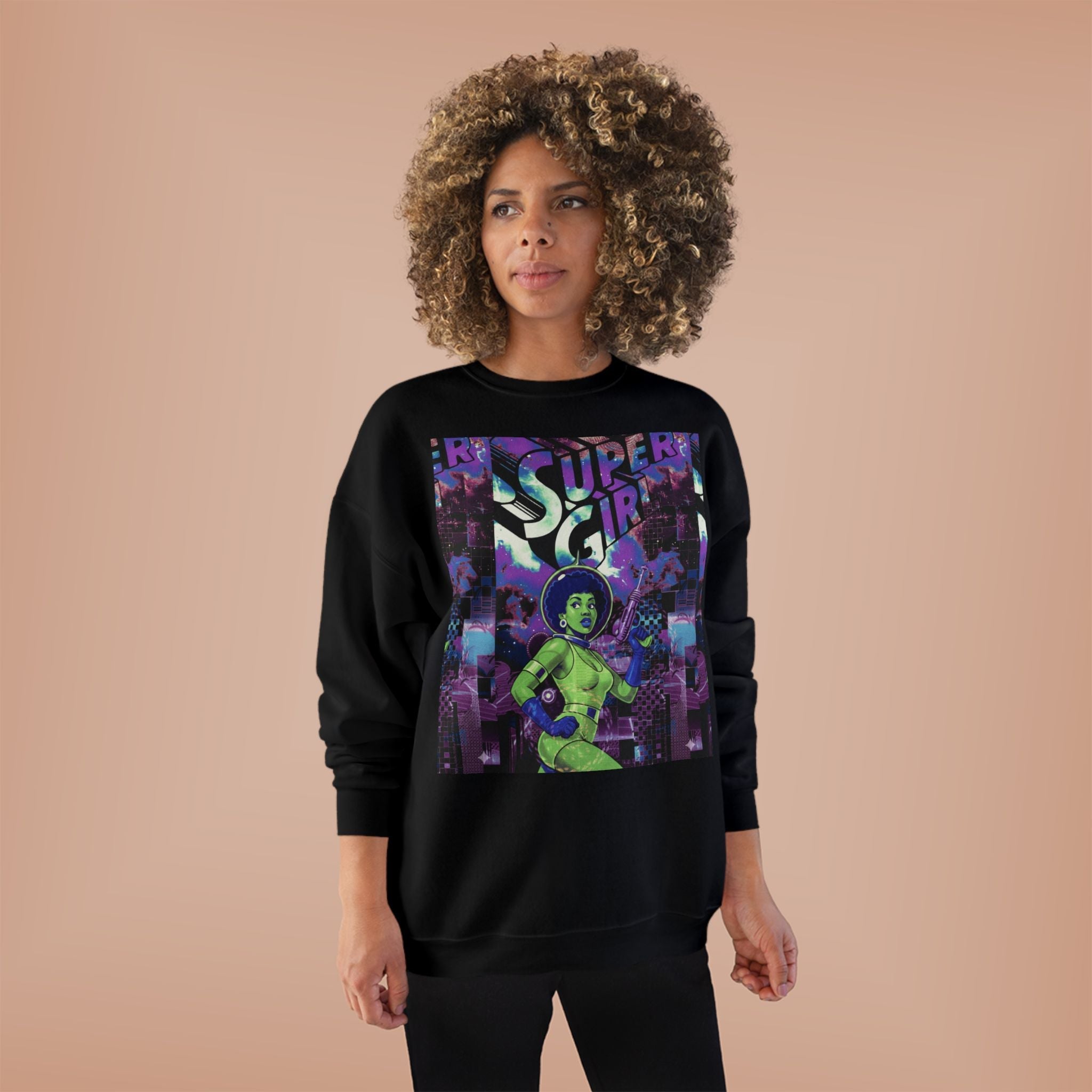 Retro Sci‑Fi 'Supergirl' Graphic Sweatshirt — Neon Space Comic Crewneck