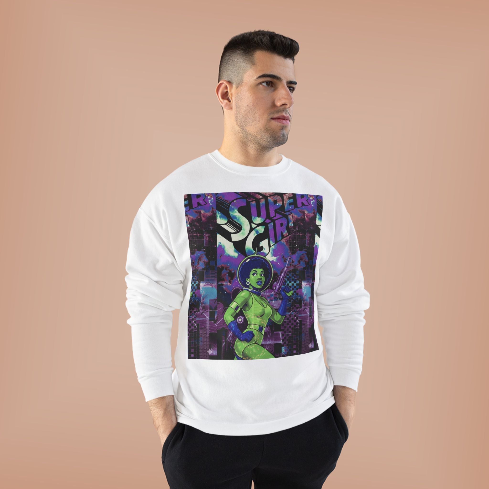 Retro Sci‑Fi 'Supergirl' Graphic Sweatshirt — Neon Space Comic Crewneck