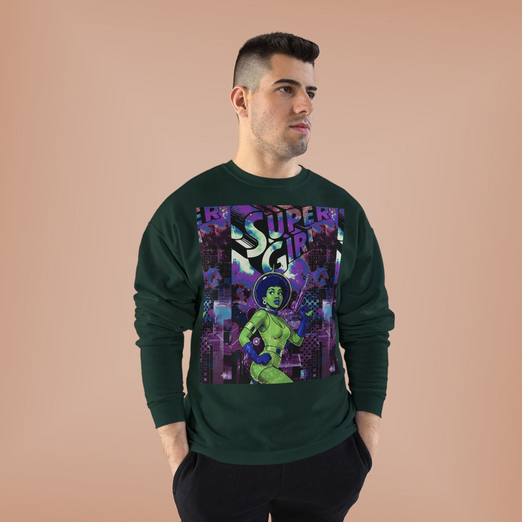 Retro Sci‑Fi 'Supergirl' Graphic Sweatshirt — Neon Space Comic Crewneck