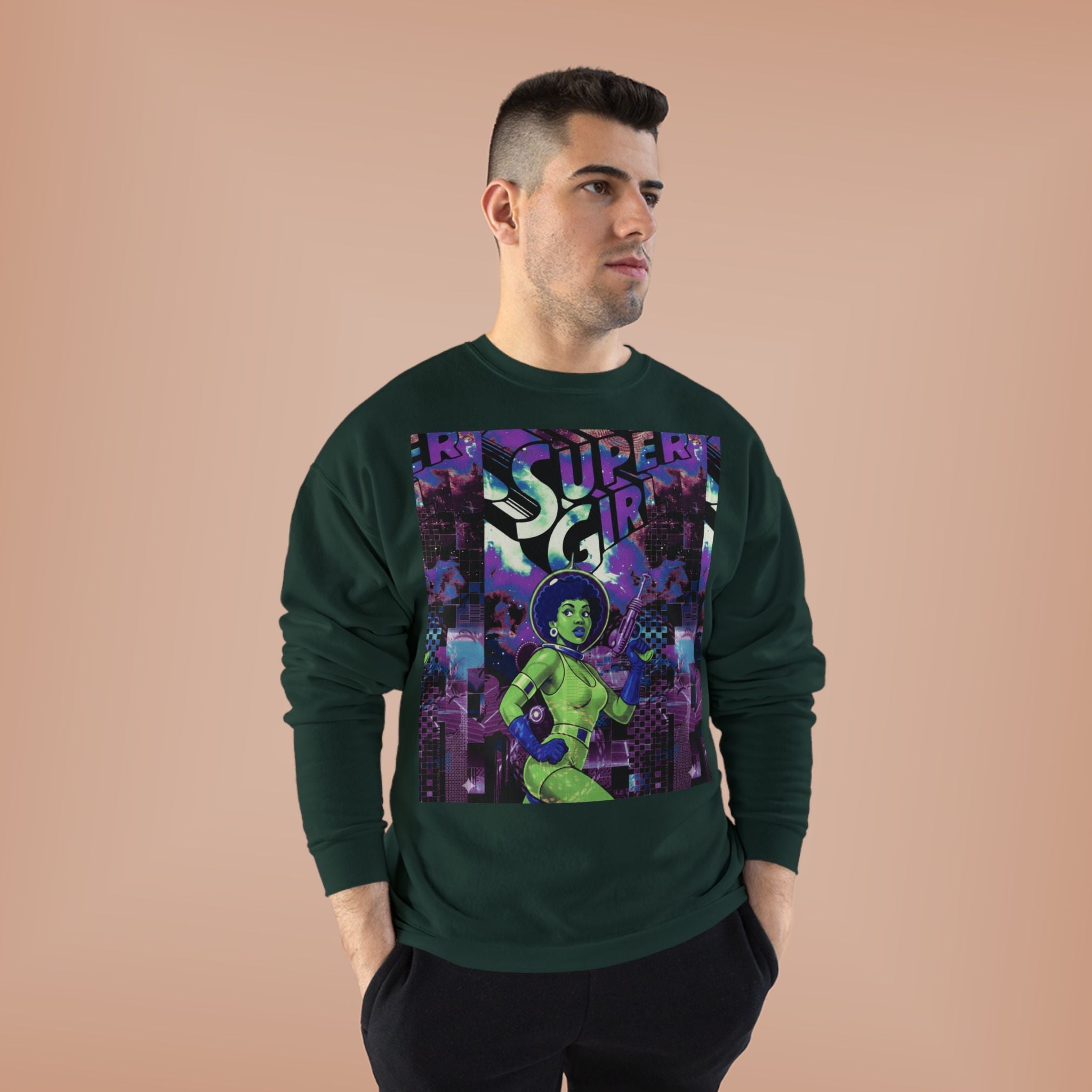 Retro Sci‑Fi 'Supergirl' Graphic Sweatshirt — Neon Space Comic Crewneck