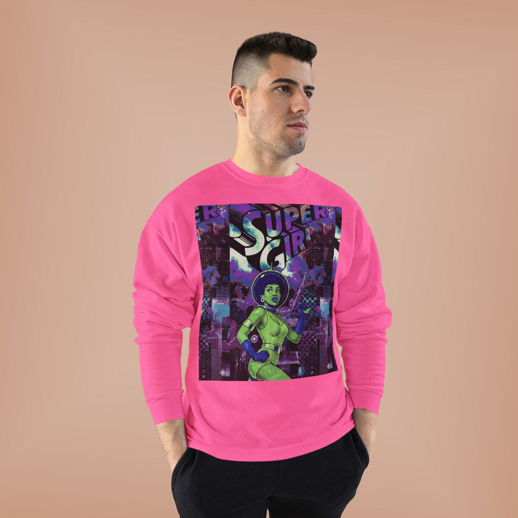 Retro Sci‑Fi 'Supergirl' Graphic Sweatshirt — Neon Space Comic Crewneck