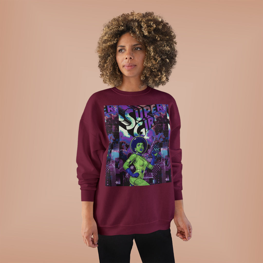 Retro Sci‑Fi 'Supergirl' Graphic Sweatshirt — Neon Space Comic Crewneck