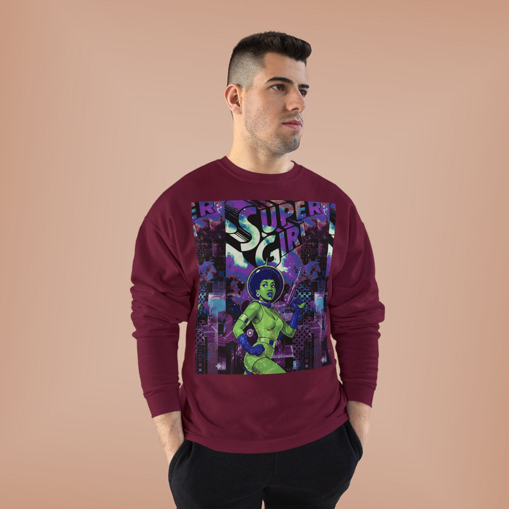 Retro Sci‑Fi 'Supergirl' Graphic Sweatshirt — Neon Space Comic Crewneck
